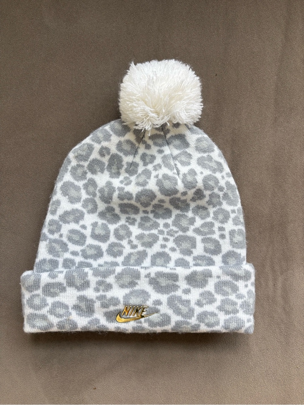 Nike Kids White and Gray Leopard Pom Beanie